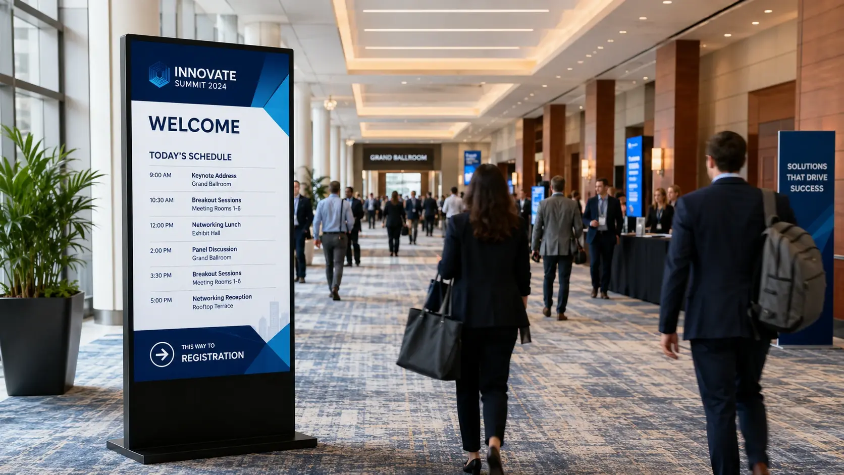 Digital conference signage displaying event information and wayfinding in a conference venue